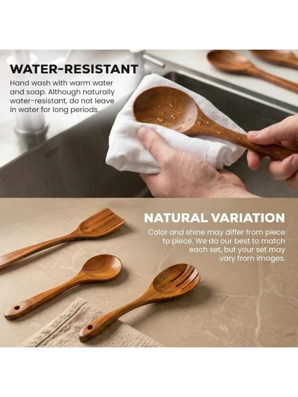 Natural Teak Wooden Cooking Utensil Set - 6 Durable Spoons, Easy to Clean